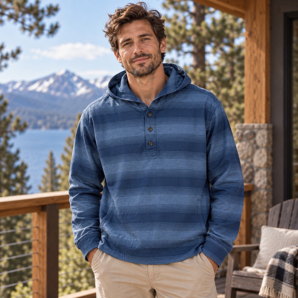Patagonia Lightweight Fjord Flannel Hoody Mens L Blue Striped 53275 Pullover
